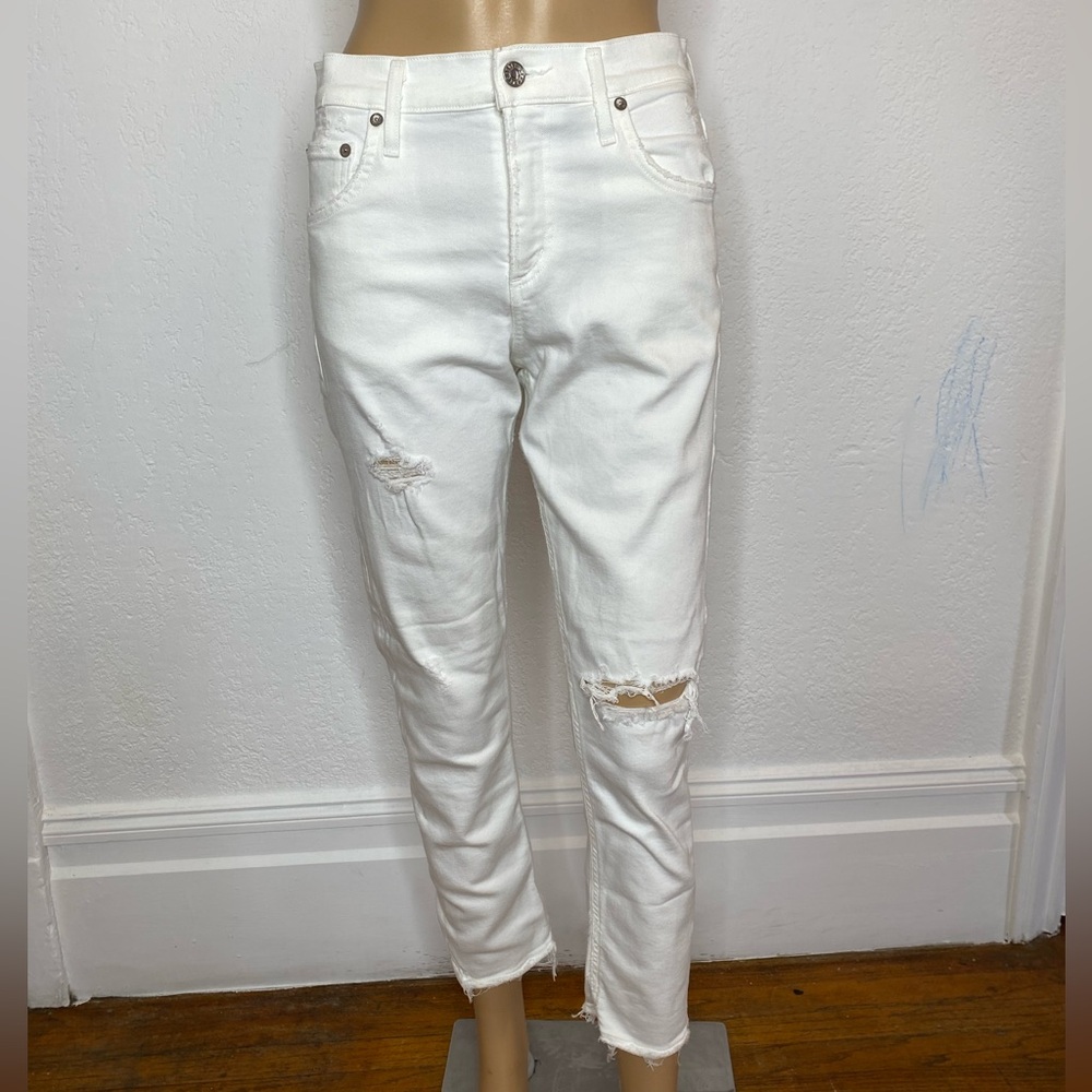 AGOLDE Isabel Mid Rise Prism White Distressed Raw Hem Slim Jeans Sz 24 USA Made